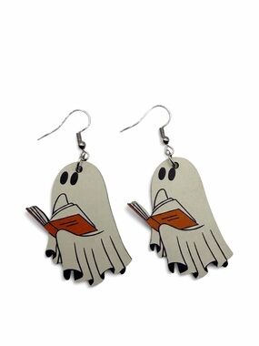 Wooden Ghost Book Lover Dangle Earrings
